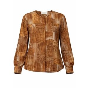Escada Silk Blouse‎ Brown Patchwork Animal Woodgrain Print Long Sleeve Sz 38
